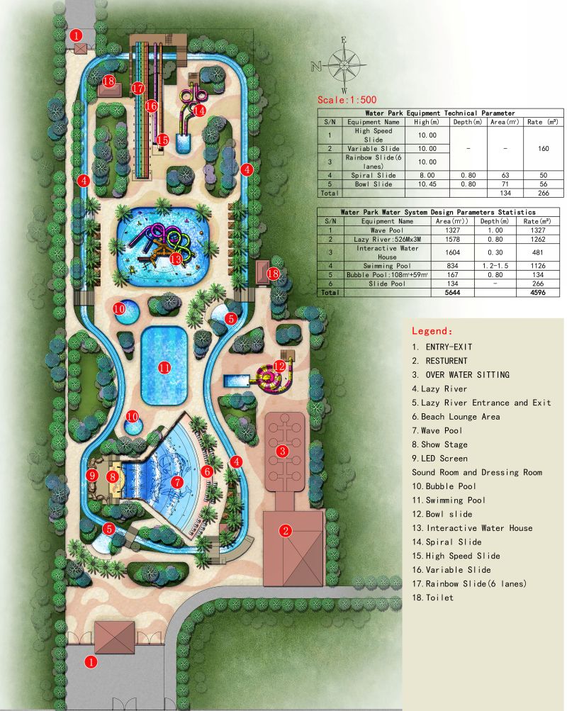 2D rendering of water park design with attractions and zones