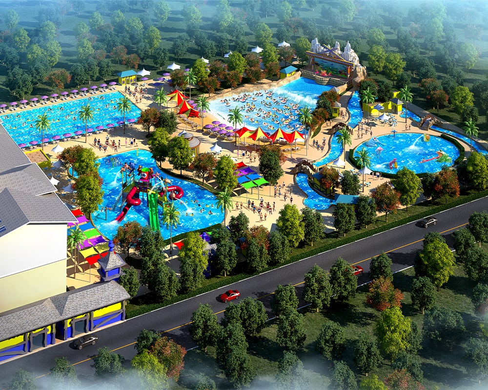 3D visualization of a water park with slides and pools