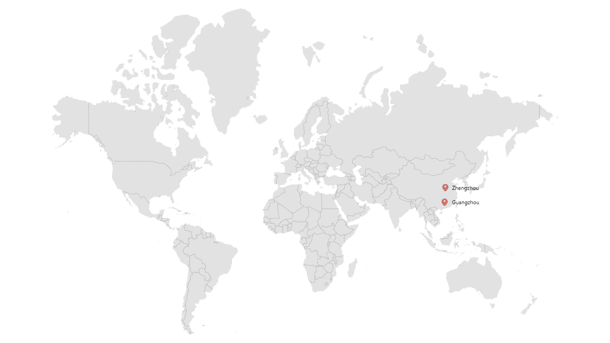 Map showing our factory locations in Zhengzhou and Guangzhou, China
