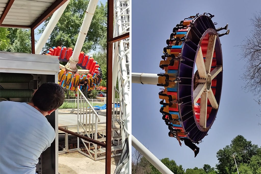Frisbee ride test run after repair with park staff onboard
