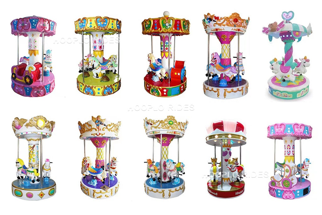 10 different 3-seat mini carousels horse with various designs and colors