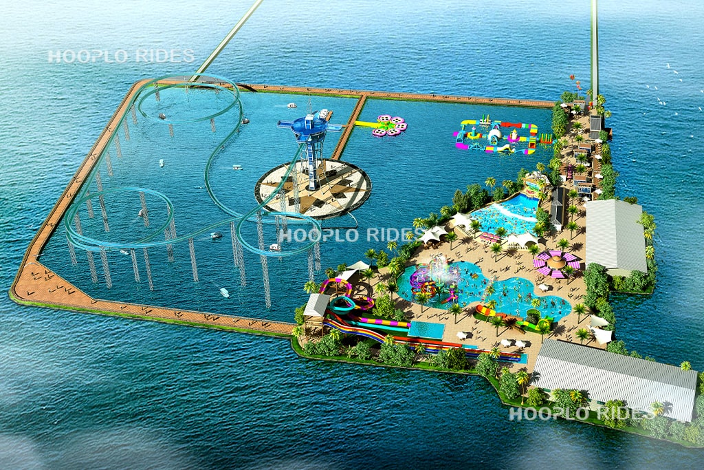 3D water park design on floating island with giant water slides, wave pool, kids’ aqua play area, and inflatable water games