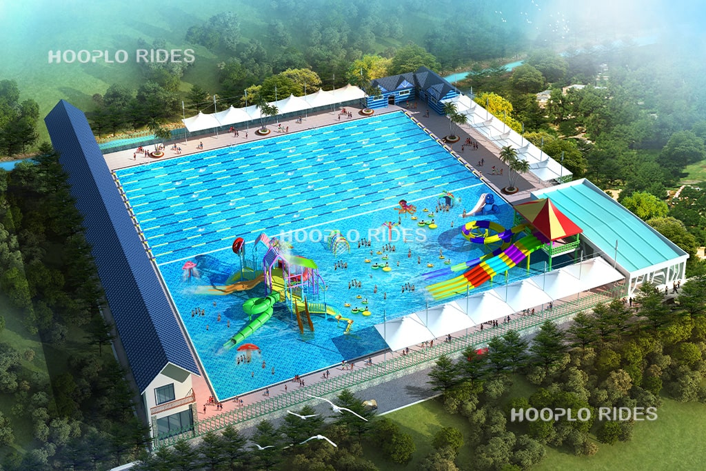 3D water park design showing kids’ aqua play structure, mini slides, and shallow pools