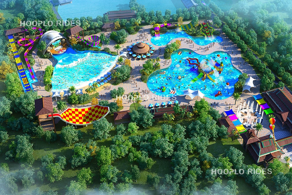 3D water park design highlighting colorful rainbow slides and spiral fiberglass water slides