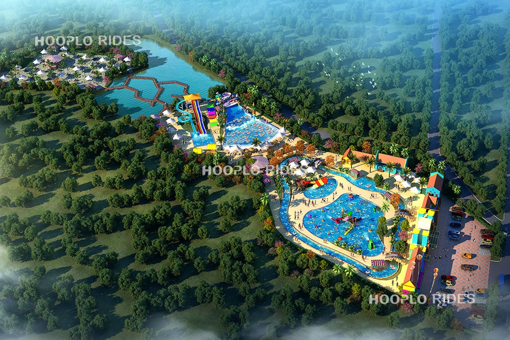 3D water park design with large wave pool, beach umbrellas, and family leisure area