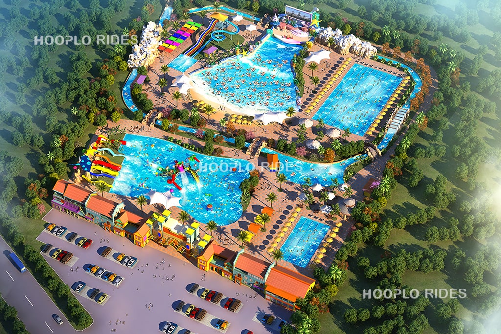 3D water park design with wave pool, lazy river, and family entertainment zone