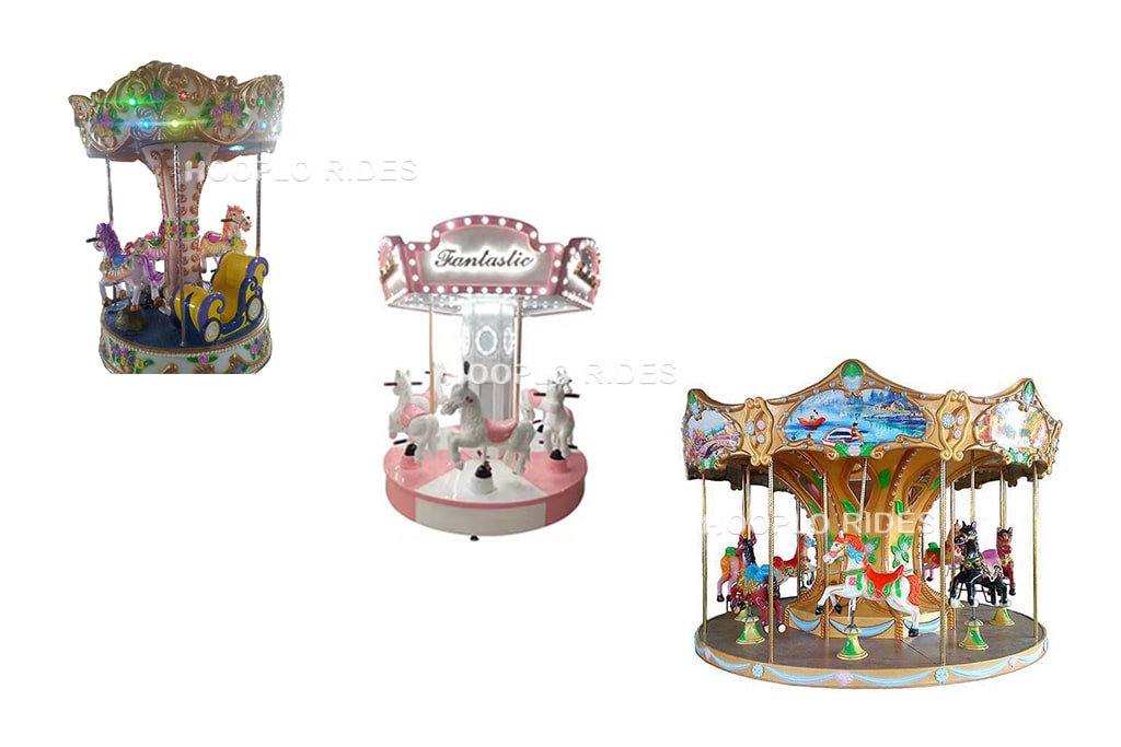 Mini carousels with 4, 6, and 8 seats, featuring colorful horse designs