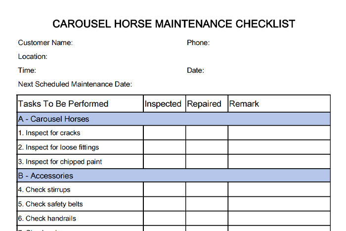 Daily carousel horse maintenance checklist showing inspection items for carousel horse parts, accessories, lights, and safety checks
