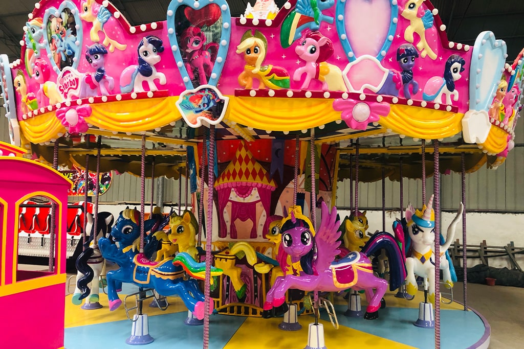 Cartoon or IP-based carousel horse for sale with playful character designs, perfect for family amusement rides