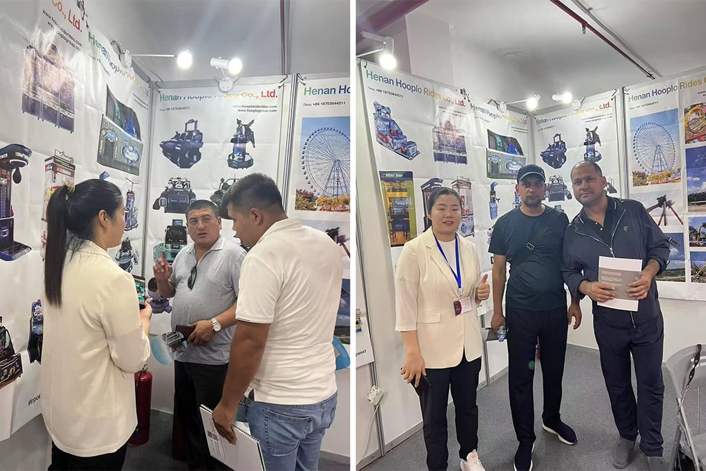 Customer inquiry about small amusement rides at our booth during the 2025 Uzbekistan exhibition