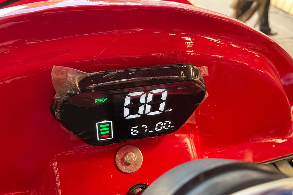 Close-up view of the dashboard on electric mini train rides showing controls and indicators