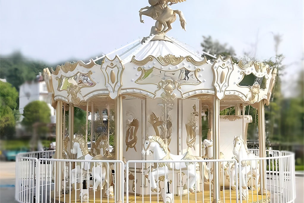 Modern minimalist carousel horse for sale featuring sleek design, LED lighting, and stylish amusement ride appearance