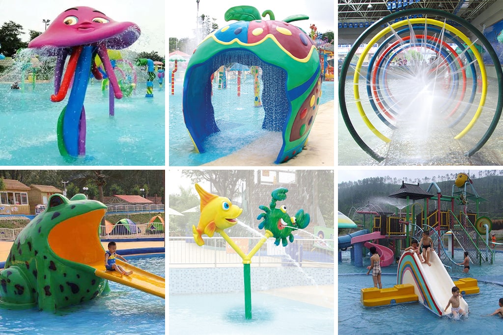 Children’s splash play area with interactive fountains and small water features, safe and creative water park equipment for kids.