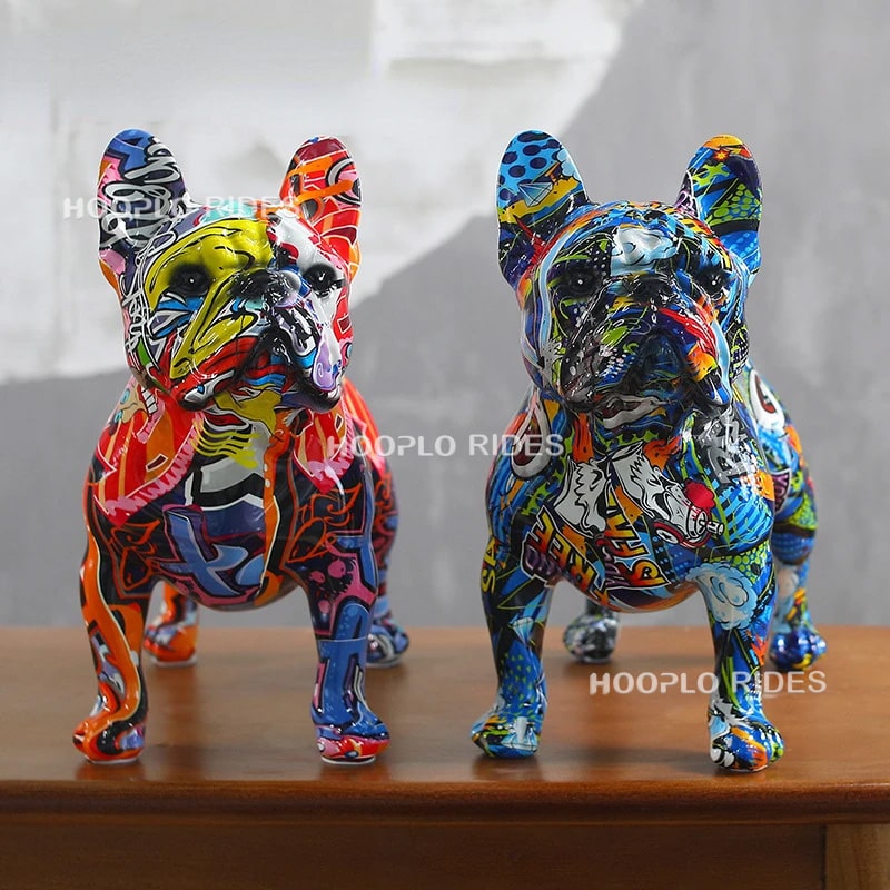 Custom French bulldog statues in graffiti style with vibrant fiberglass finish