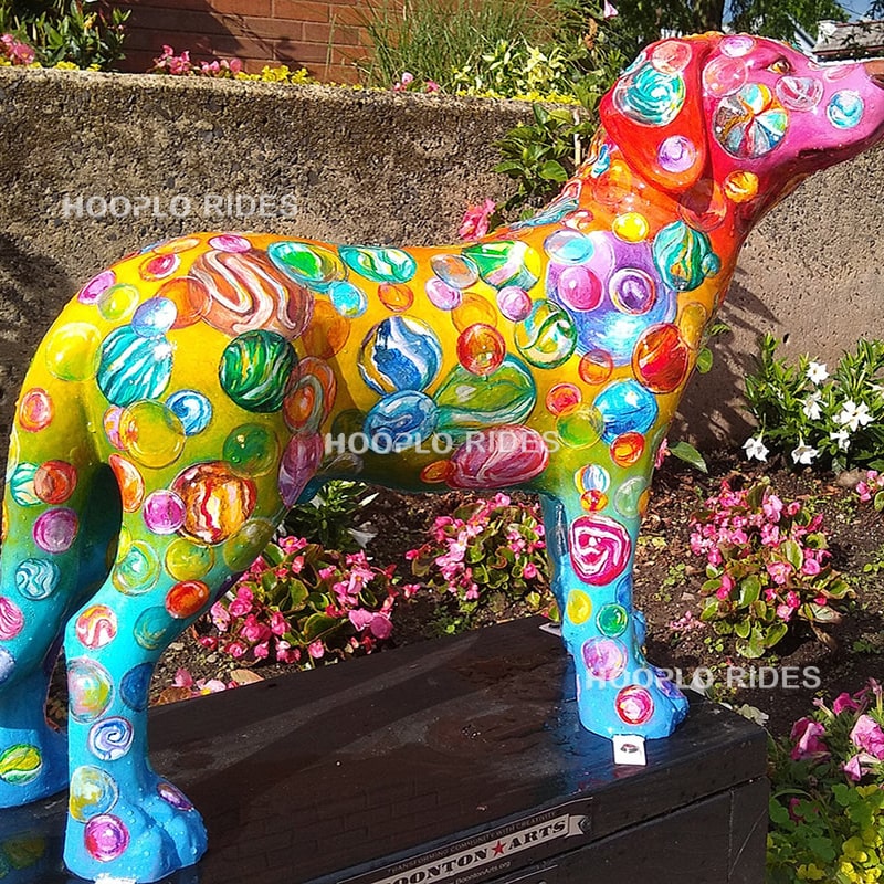 Custom colorful painted dog sculpture designed with fiberglass material