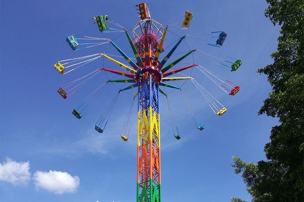 Sky Flyer tower ride with high-altitude swing chairs, giving a flying experience for amusement park visitors