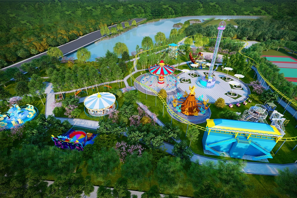 3D concept design rendering of an amusement park layout showing rides and attractions