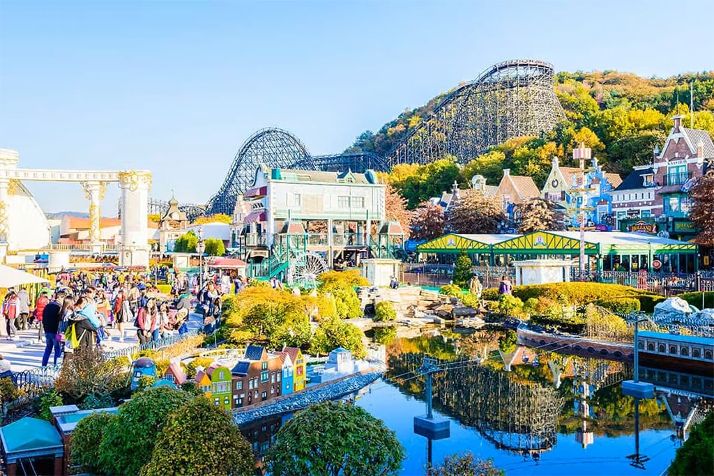 Beautiful landscape of Everland theme park in South Korea with roller coasters and gardens