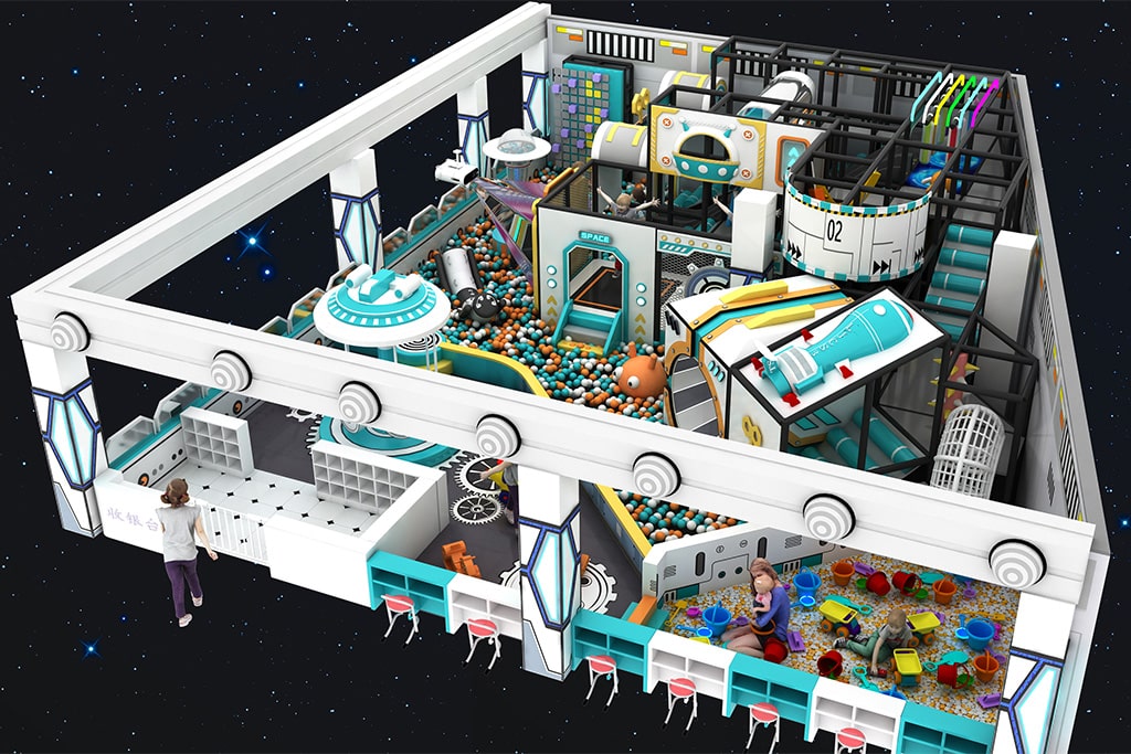 3D design concept of a customized indoor playground showing slides, tunnels, and climbing structures.