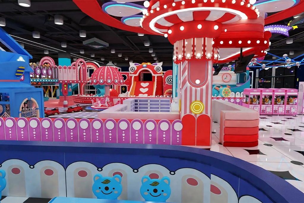 Large indoor playground for sale featuring multi-level play structures, slides, and soft play areas for children.