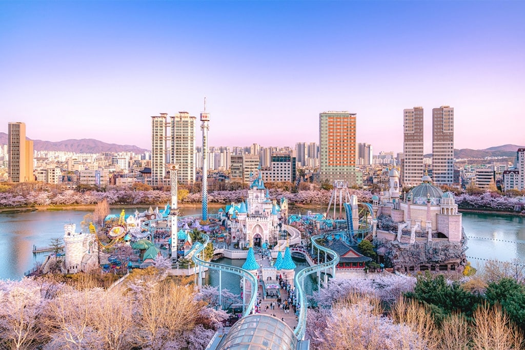Lotte World amusement park in South Korea featuring indoor and outdoor attractions, rides, and themed entertainment