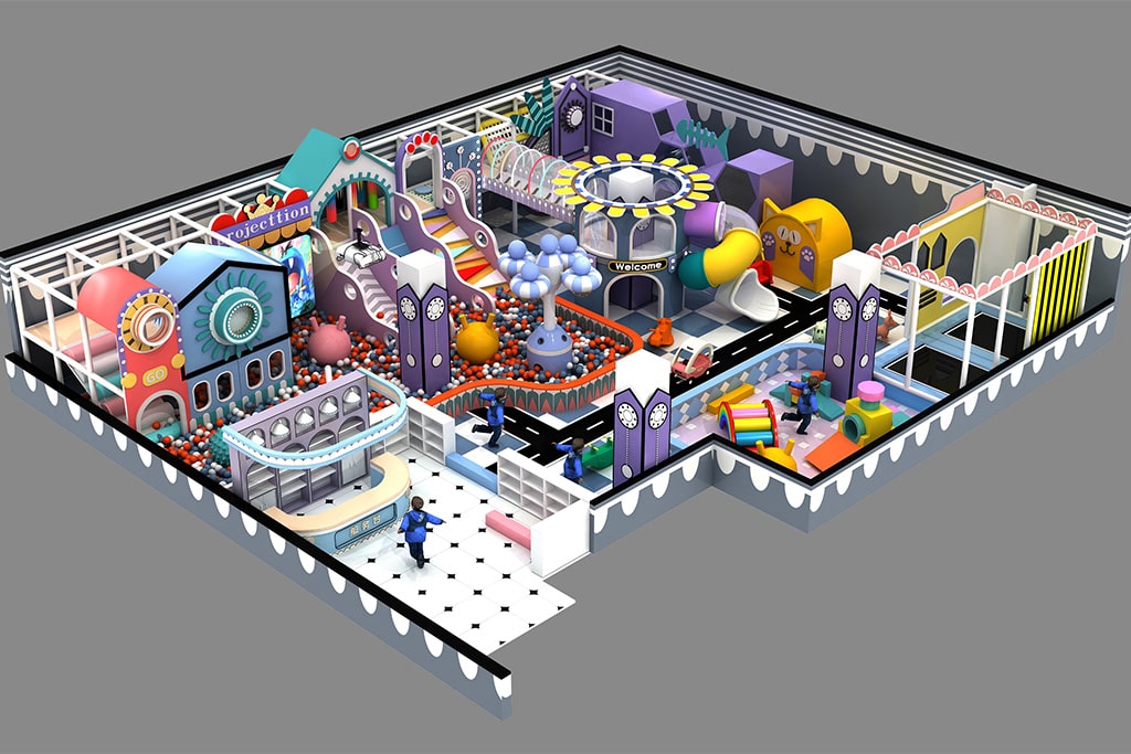 3D design rendering of a customized soft play area showing layout and play equipment ideas.