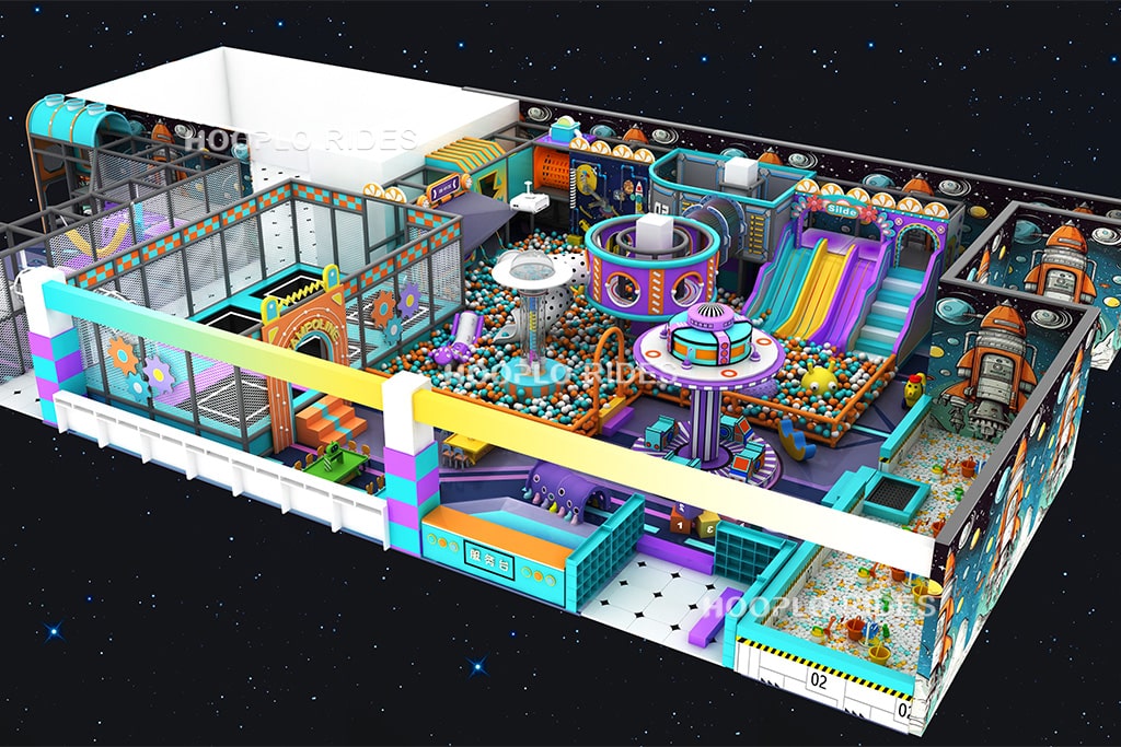 Modern space themed indoor playground 3D design with climbing structures and slides