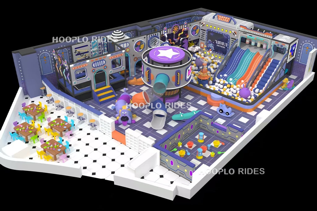 Space adventure indoor playground design with futuristic play modules and soft play area