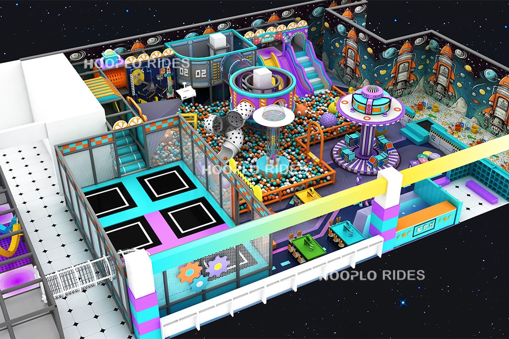 Creative space themed indoor playground 3D concept with interactive play zones
