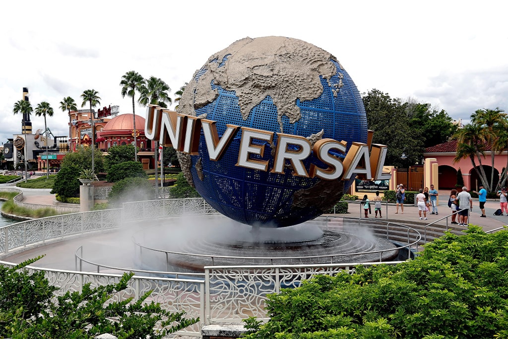 Aerial view of Universal Studios Orlando with movie-themed attractions and rides