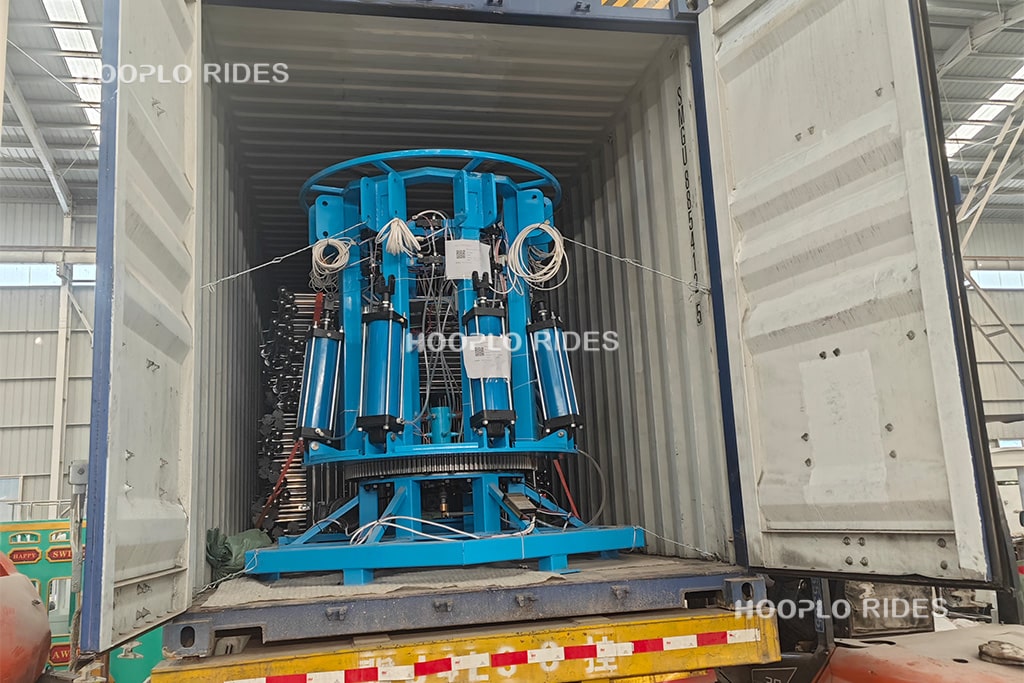 Core motor and control system of the self-controlled airplane ride being packed for shipment