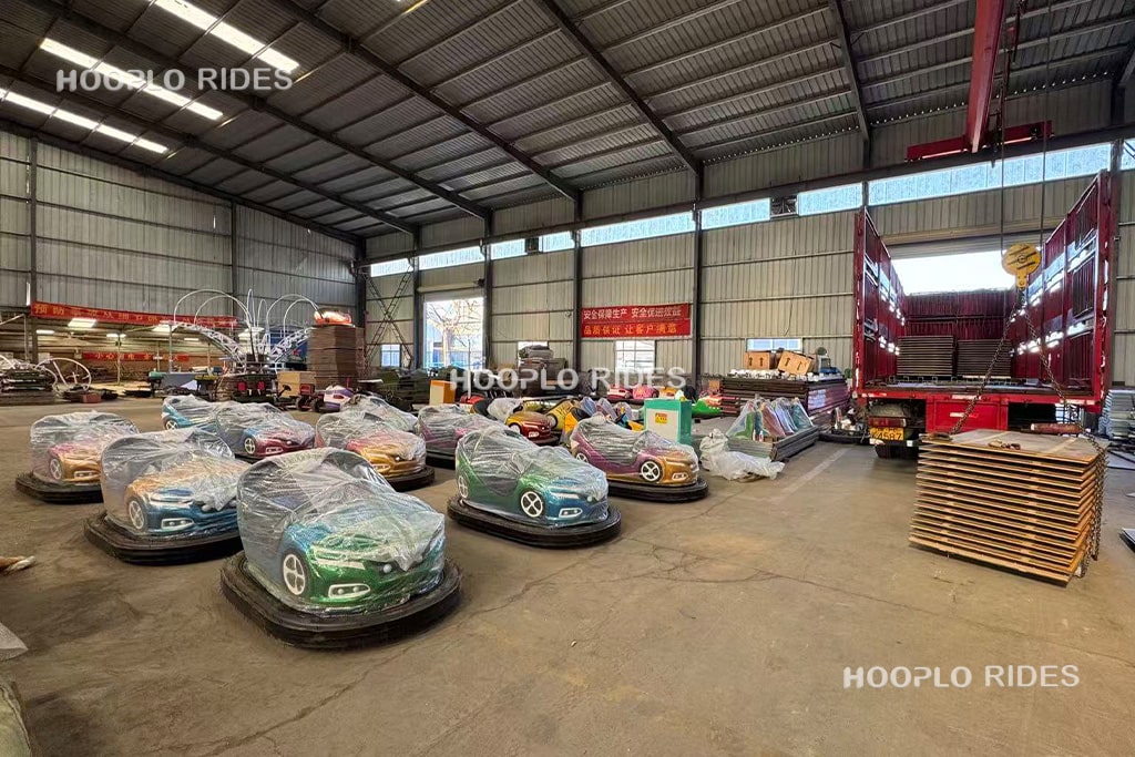 Adult bumper cars prepared for shipment at a professional bumper car manufacturer factory, ready for global delivery