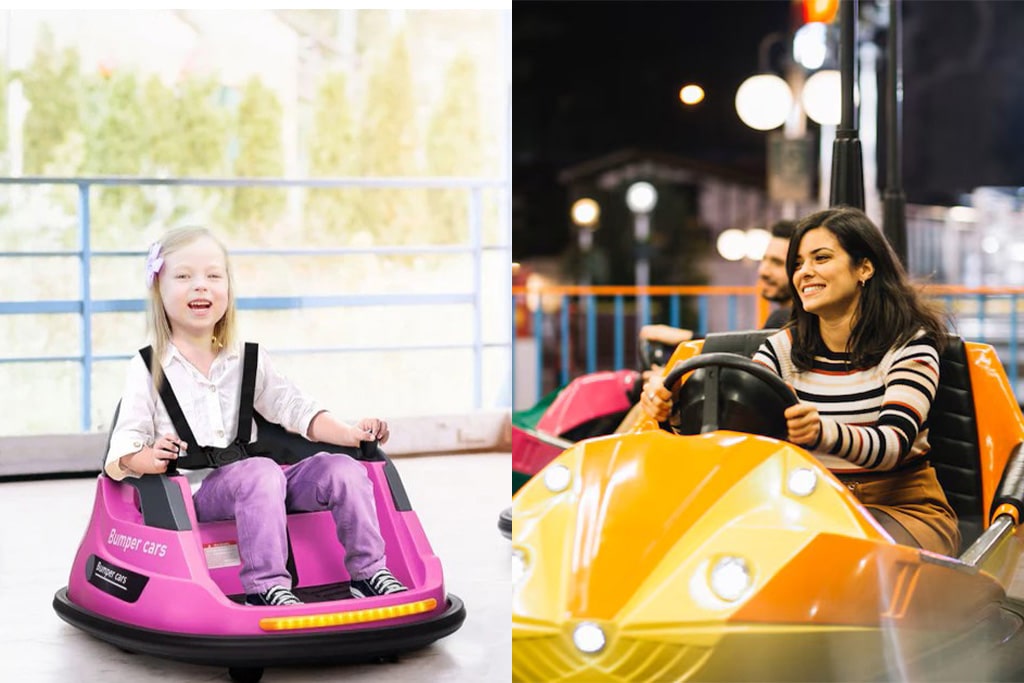 Bumper cars for kids and adults shown side by side, highlighting differences in size, design, and target riders