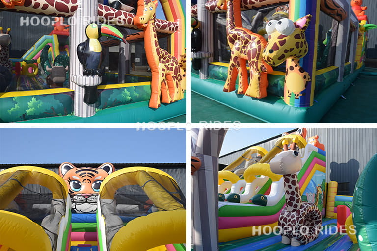 Close-up of animal headshots featuring a crow, tiger, and two differently styled giraffes on the Rainbow Animal Park inflatable playground.