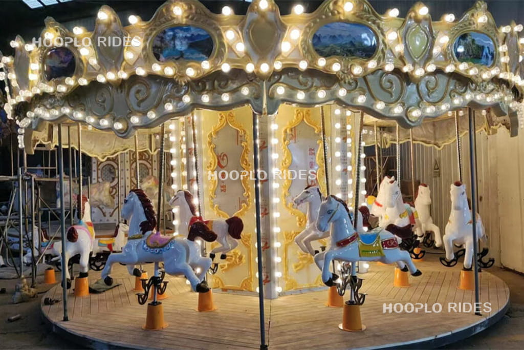 16-seat carousel undergoing test operation in amusement ride factory before shipment