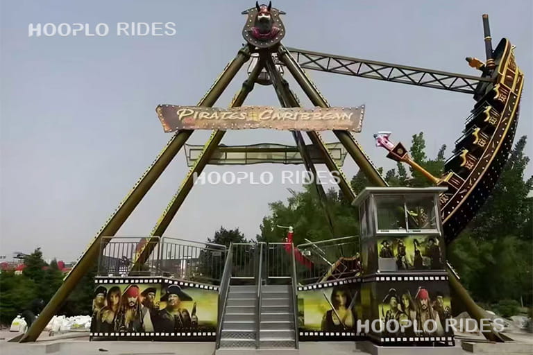 40 seat large pirate ship ride side view showing reinforced steel structure and wide swing angle