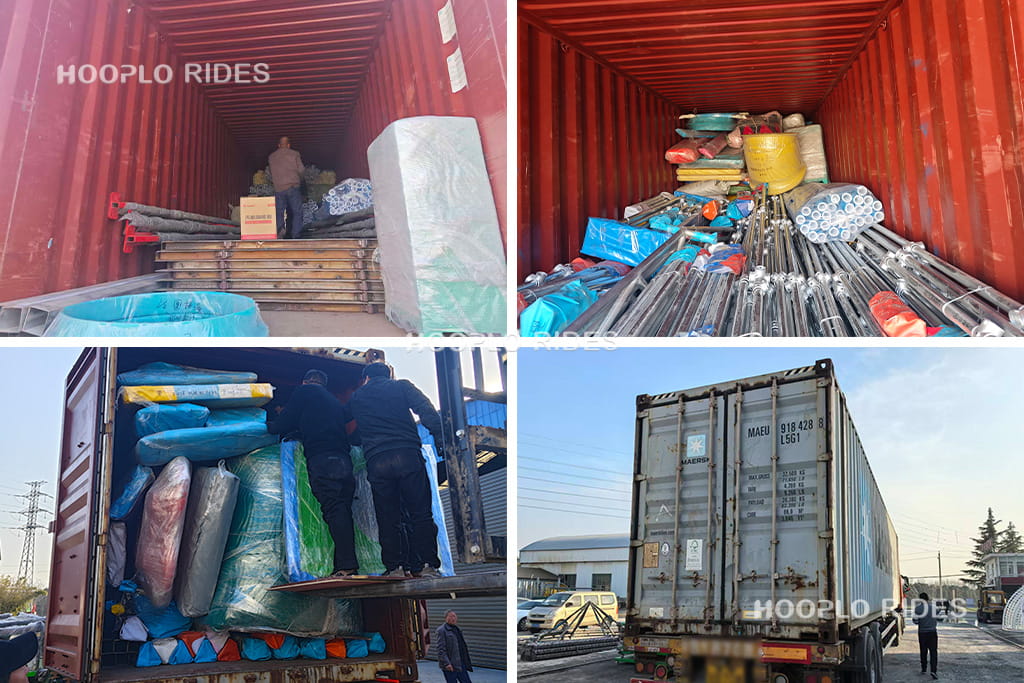 Collage showing the container loading process of an 80㎡ indoor playground for outdoor use in a Georgia shipment project, highlighting careful space planning and efficient loading into the same shipping container as bumper cars