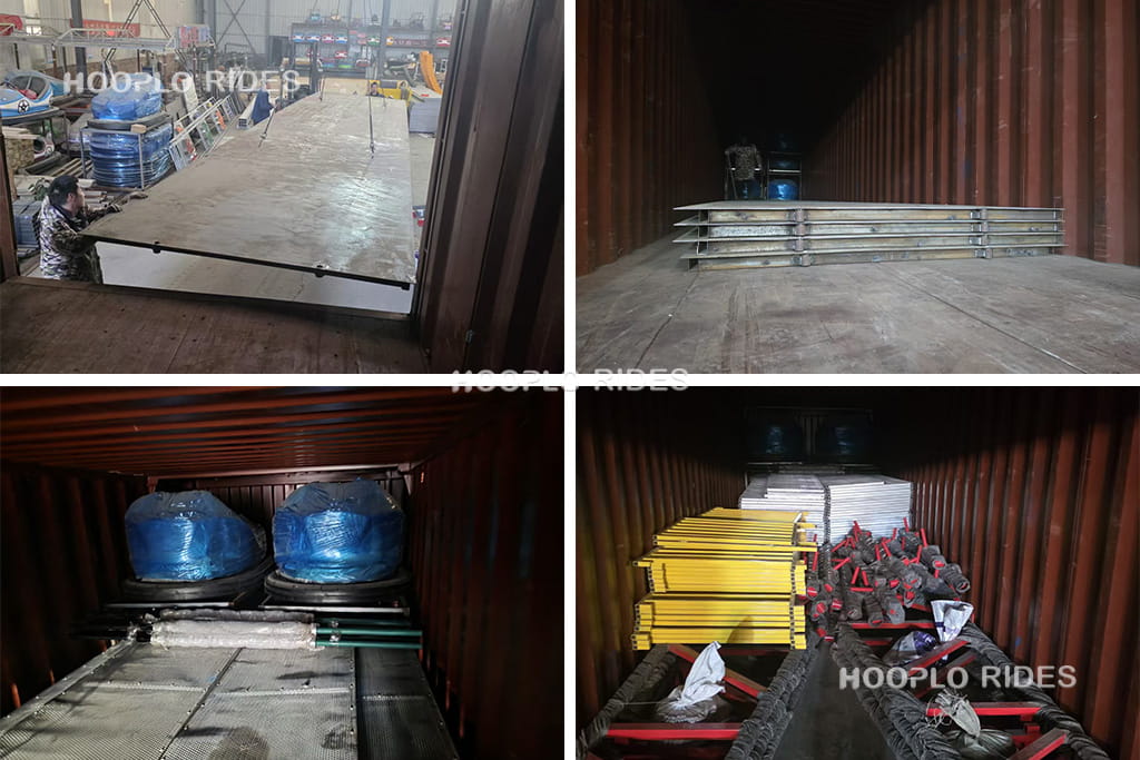 Collage showing the container loading process of Net Dome Bumper Cars for a Georgia project, including step-by-step packing, positioning, and securing bumper car equipment inside a single shipping container