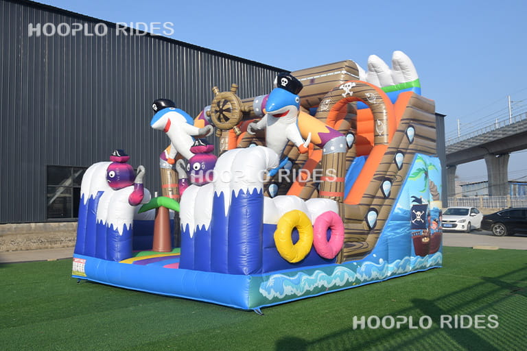 Left view of pirate ship themed inflatable bounce for kids entertainment