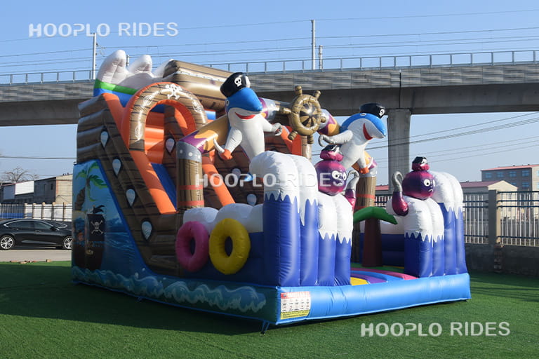 Right view of pirate ship themed inflatable bounce, small inflatable bounce house