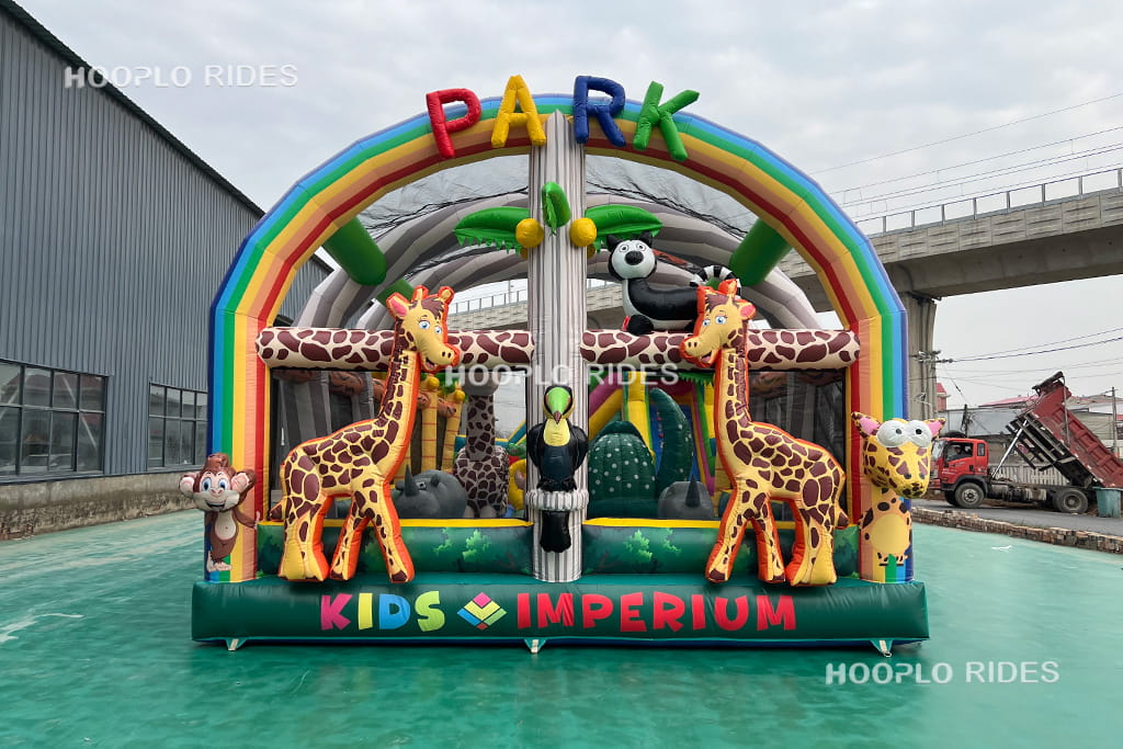 Factory test front view of Rainbow Animal Park Inflatable Playground inflatable bouncer