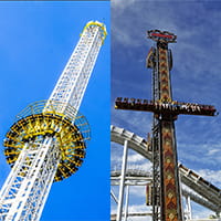 Drop tower free fall ride operating in an amusement park
