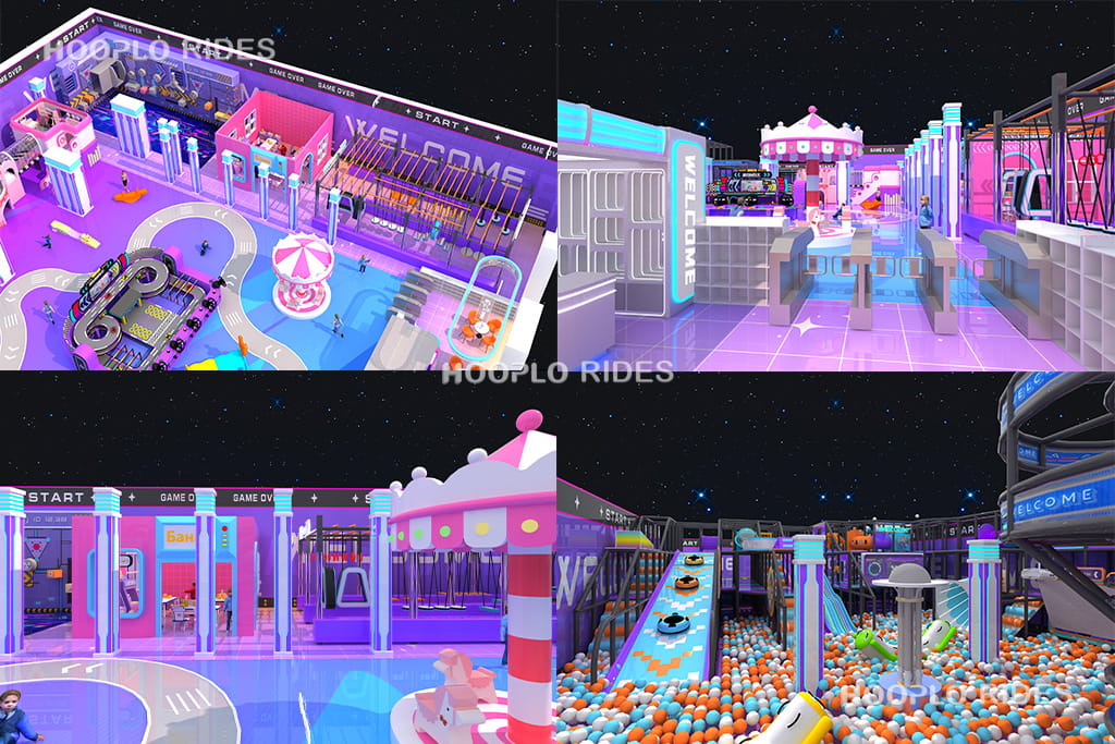 Detailed design of soft play area in the Andijan indoor playground project, including slides, ball pool, and climbing structures