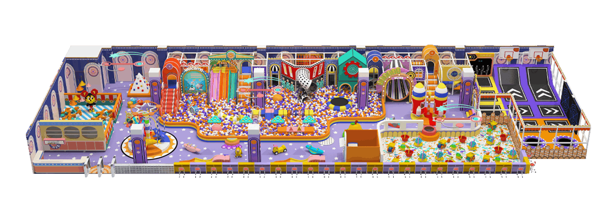 550 square meter indoor playground design layout featuring trampoline area, large ball pit, climbing structures, soft play obstacles and toddler zone for a family entertainment center
