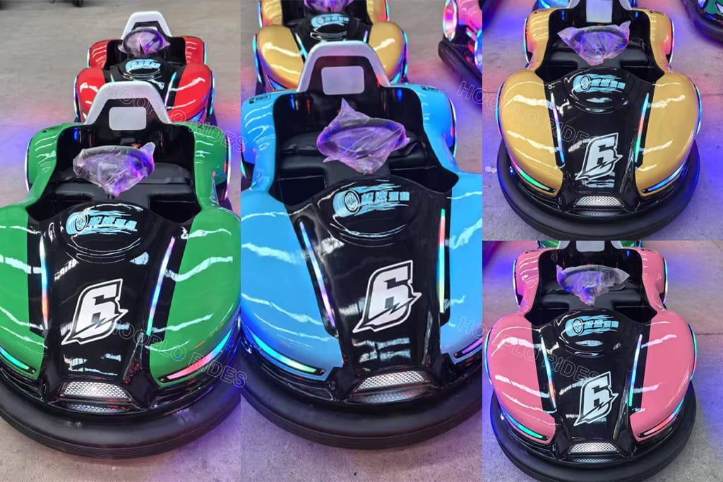 Close-up of 4 selected color drift bumper cars (red green blue pink), customized model picked by Nur-Sultan Kazakhstan client