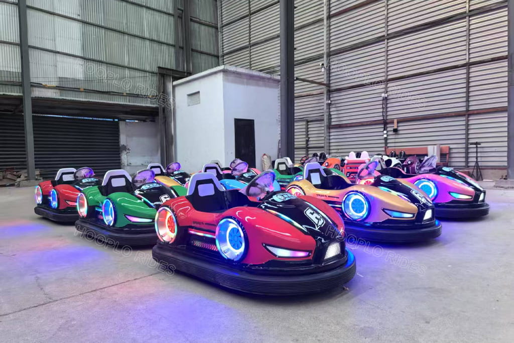 Commercial battery powered drift bumper dodgem cars with RGB LED lights, finished production for Kazakhstan Nur-Sultan amusement park project