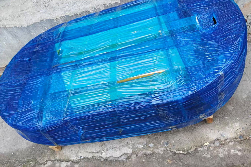 Full set of four units bumper car core spare parts wrapped blue stretch film on wooden pallet, ready international shipping to Russia amusement park customer