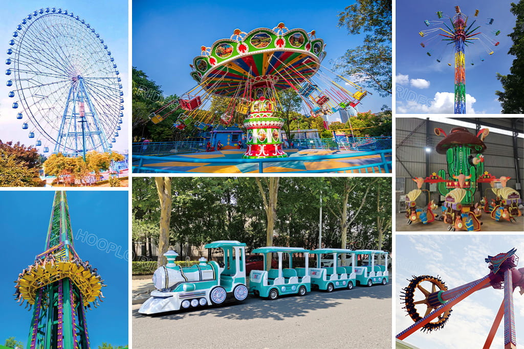 Hooplo amusement rides collection collage including ferris wheel, swing ride, drop tower, sightseeing train, pendulum and kids amusement park equipment