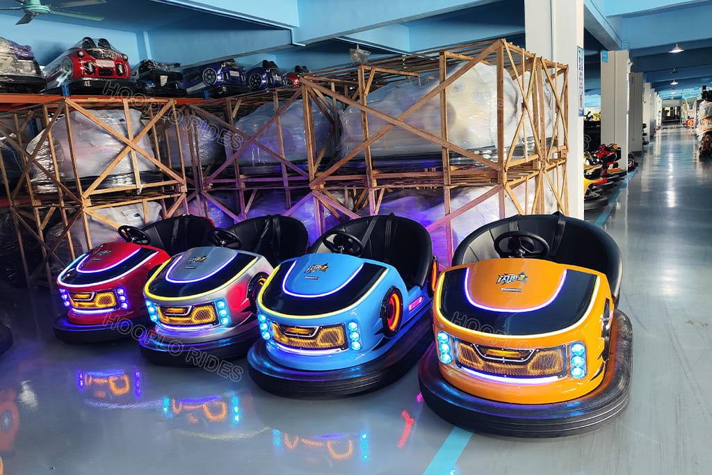 Colorful LED lighting battery bumper cars in Hooplo factory showroom, new generation dodgem cars selected by Russian repeat client