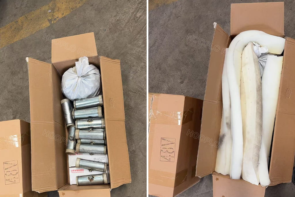 Hooplo Rides packing bumper car mechanical spare parts for returning Russian customer, metal pipe fittings and foam cushion packaging inside carton boxes, four sets bumper car repair components shipment
